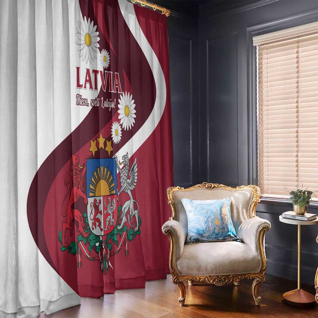 Red Latvian flag window curtain with large white swirl, daisies, and coat of arms.