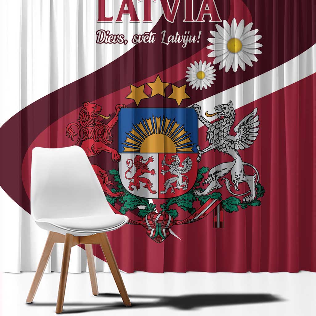 Red and white Latvian flag curtain with daisies, shield crest, and flowing white stripe.