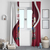 Pair of red and white Latvian flag window curtains with crest and daisy accents.