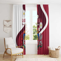 Red and white Latvian flag curtain panels with daisies, white curve, and shield.