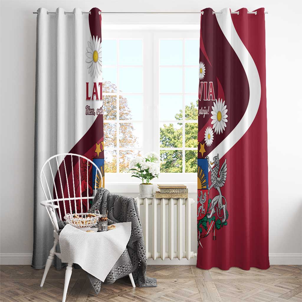Red and white Latvian flag curtains on rod with daisies and crest motifs.