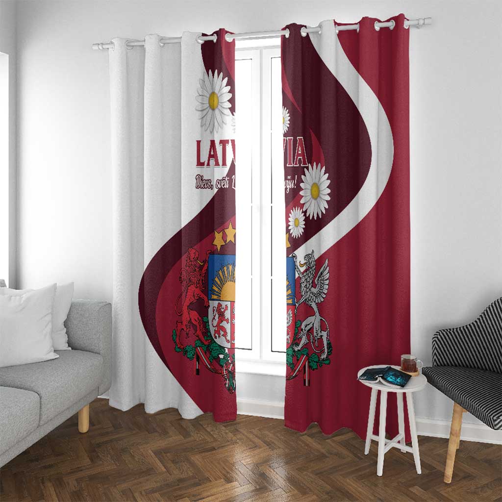 Red and white Latvian flag window curtain pair with daisies, coat of arms, and swirl.