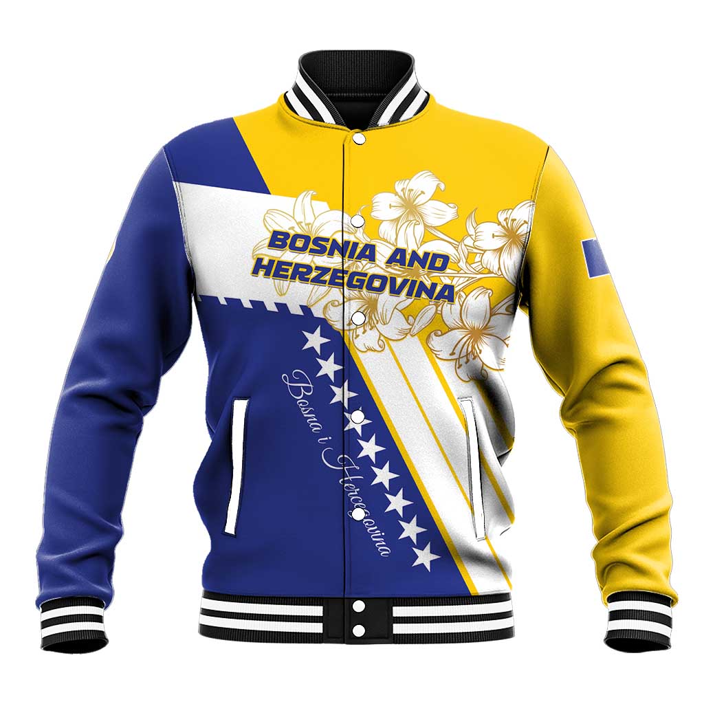 Unisex baseball jacket with yellow and blue panels, snap front, ribbed collar, floral stars graphic