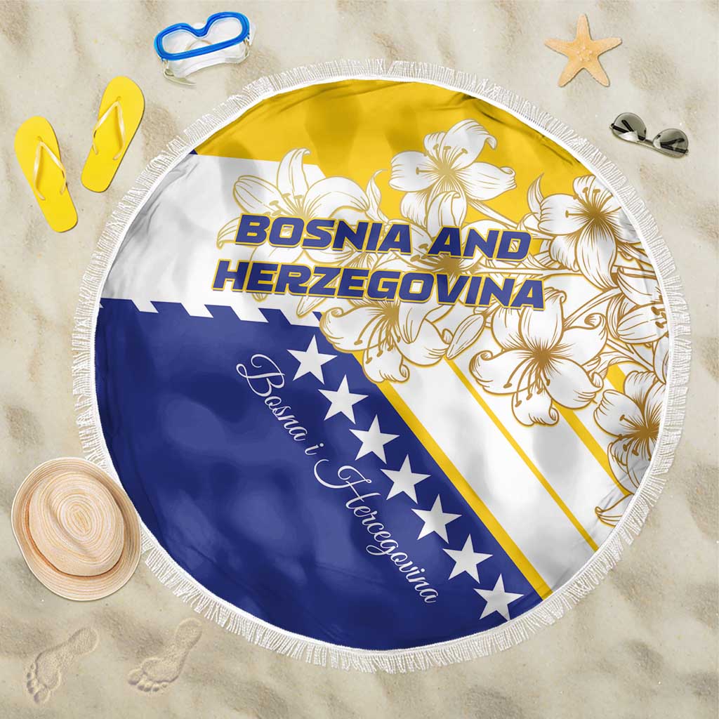 Round beach blanket with Bosnia and Herzegovina print, gold lilies, blue/yellow shield, fringe