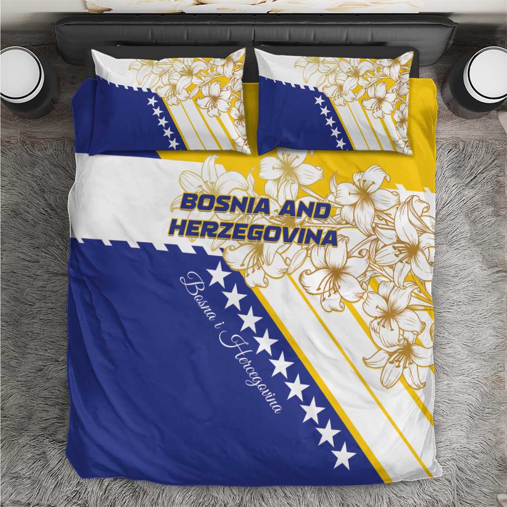 Bedding set with Bosnia and Herzegovina print, blue, white, and gold floral star design