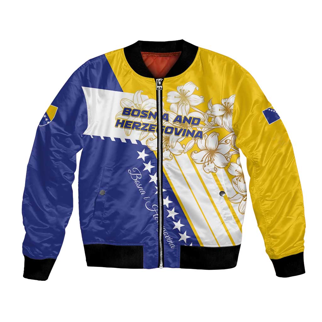 Personalized bomber jacket in yellow, navy and white with lily graphic and stars