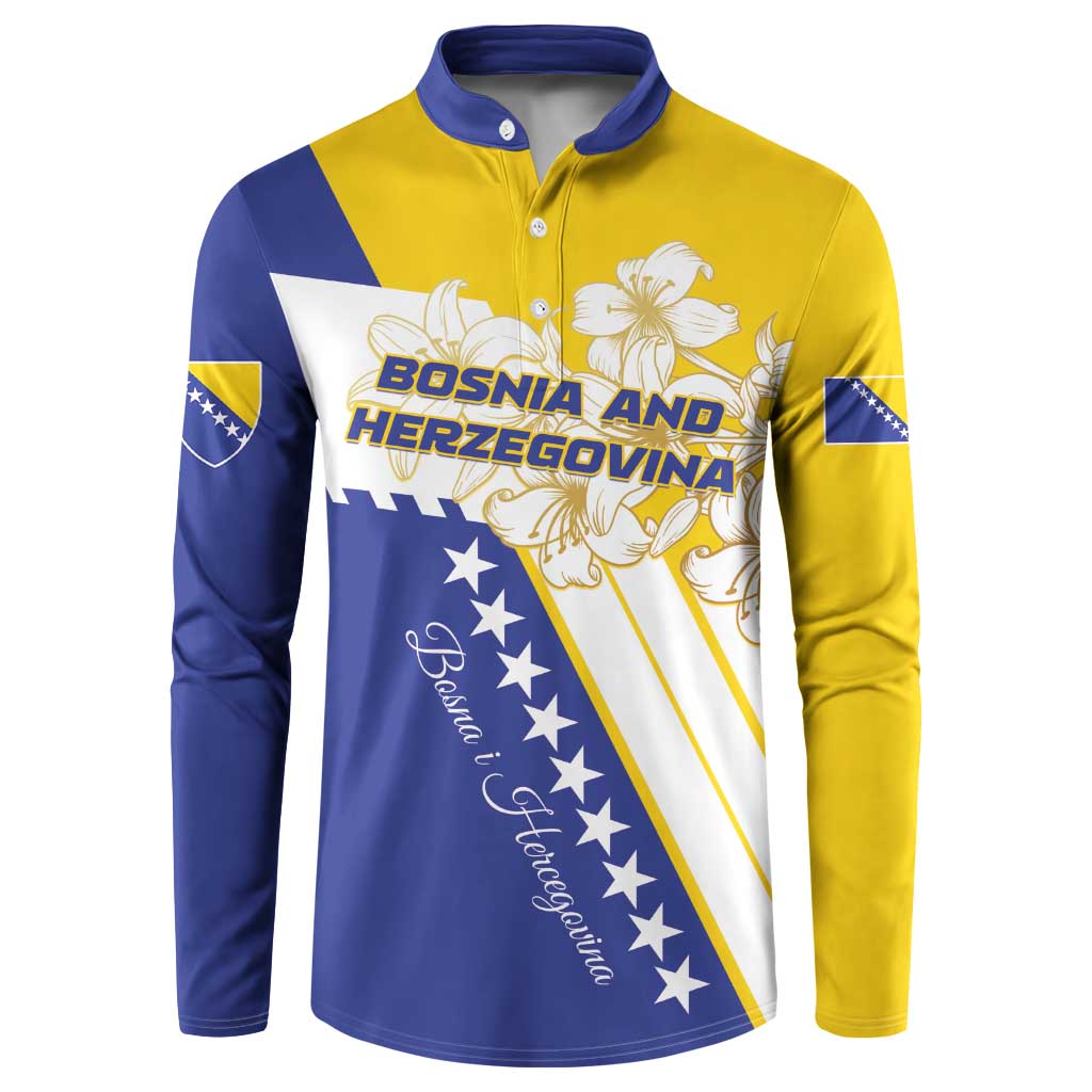 Color-block button sweatshirt in yellow and navy with Bosnia flag and golden lily print