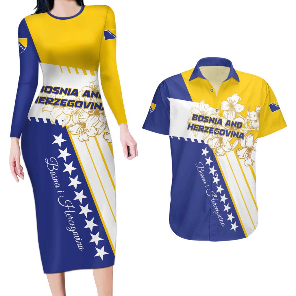 Personalized Bosnia and Herzegovina Couples Matching Long Sleeve Bodycon Dress and Hawaiian Shirt Stars With Golden Lily - Wonder Print Shop