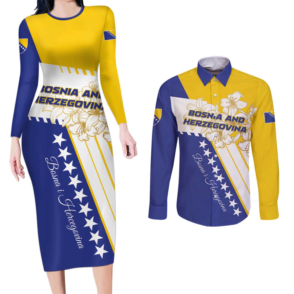 Personalized Bosnia and Herzegovina Couples Matching Long Sleeve Bodycon Dress and Long Sleeve Button Shirt Stars With Golden Lily - Wonder Print Shop