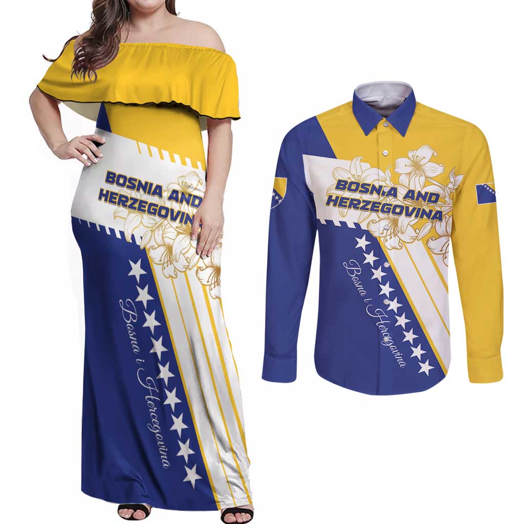 Personalized Bosnia and Herzegovina Couples Matching Off Shoulder Maxi Dress and Long Sleeve Button Shirt Stars With Golden Lily - Wonder Print Shop