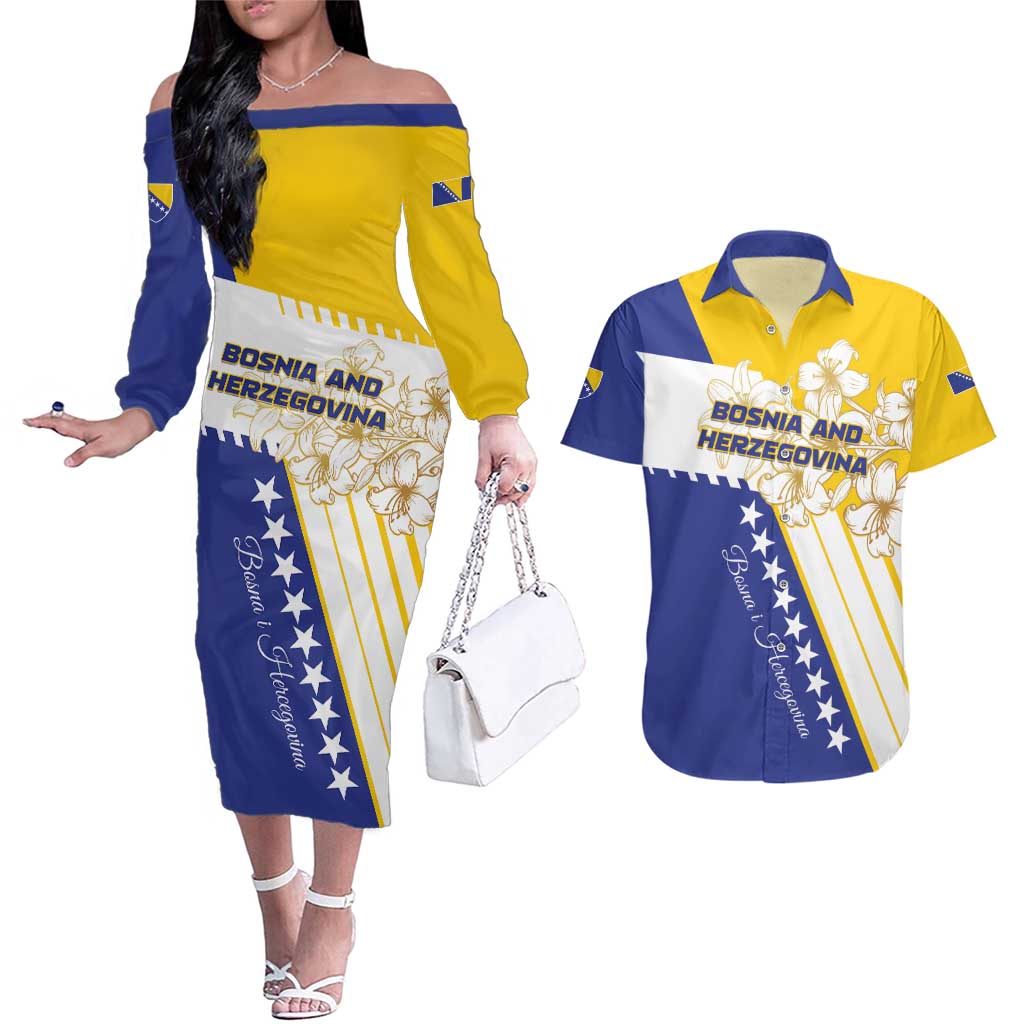 Personalized Bosnia and Herzegovina Couples Matching Off The Shoulder Long Sleeve Dress and Hawaiian Shirt Stars With Golden Lily - Wonder Print Shop