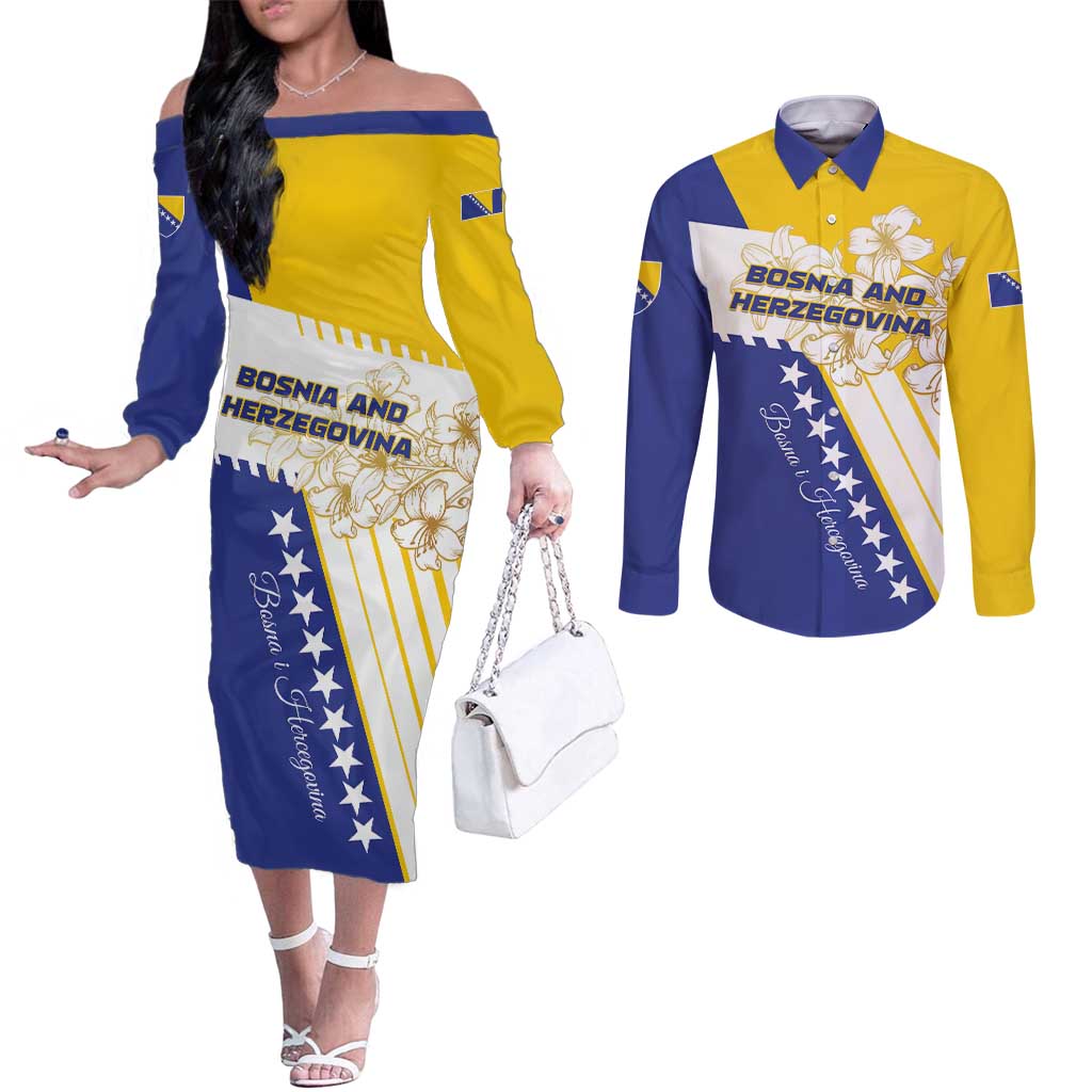 Personalized Bosnia and Herzegovina Couples Matching Off The Shoulder Long Sleeve Dress and Long Sleeve Button Shirt Stars With Golden Lily