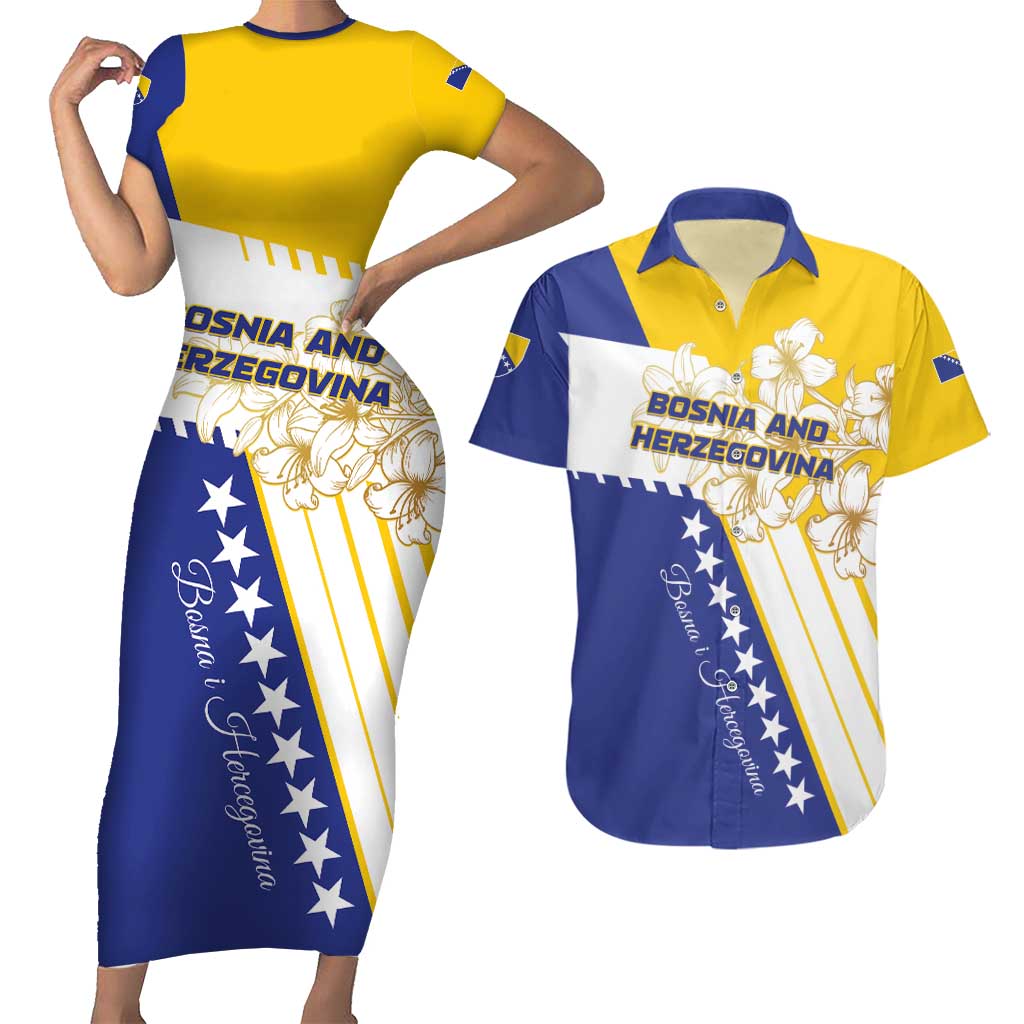 Personalized Bosnia and Herzegovina Couples Matching Short Sleeve Bodycon Dress and Hawaiian Shirt Stars With Golden Lily - Wonder Print Shop