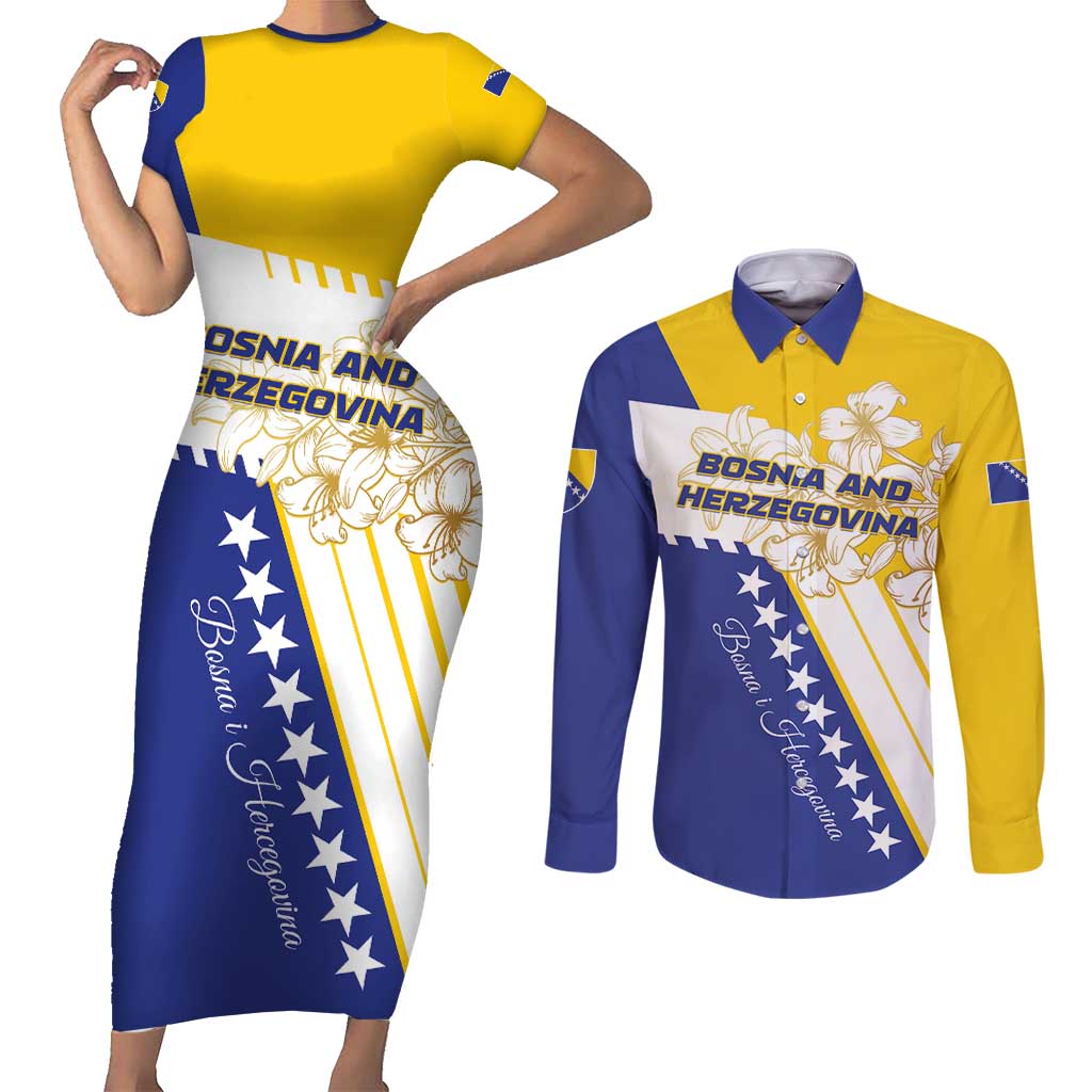 Personalized Bosnia and Herzegovina Couples Matching Short Sleeve Bodycon Dress and Long Sleeve Button Shirt Stars With Golden Lily - Wonder Print Shop