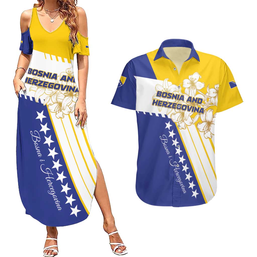 Personalized Bosnia and Herzegovina Couples Matching Summer Maxi Dress and Hawaiian Shirt Stars With Golden Lily - Wonder Print Shop