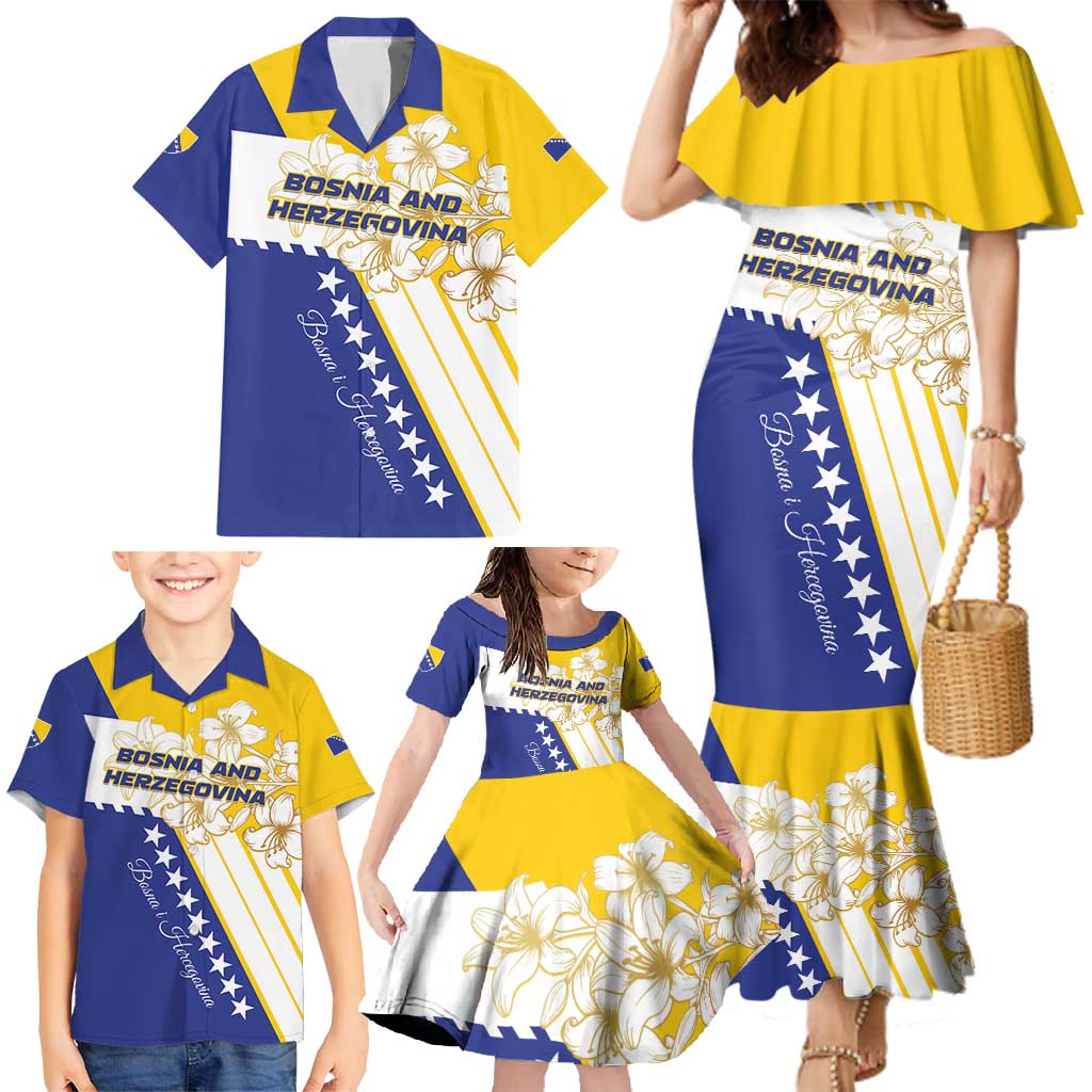 Personalized Bosnia and Herzegovina Family Matching Mermaid Dress and Hawaiian Shirt Stars With Golden Lily