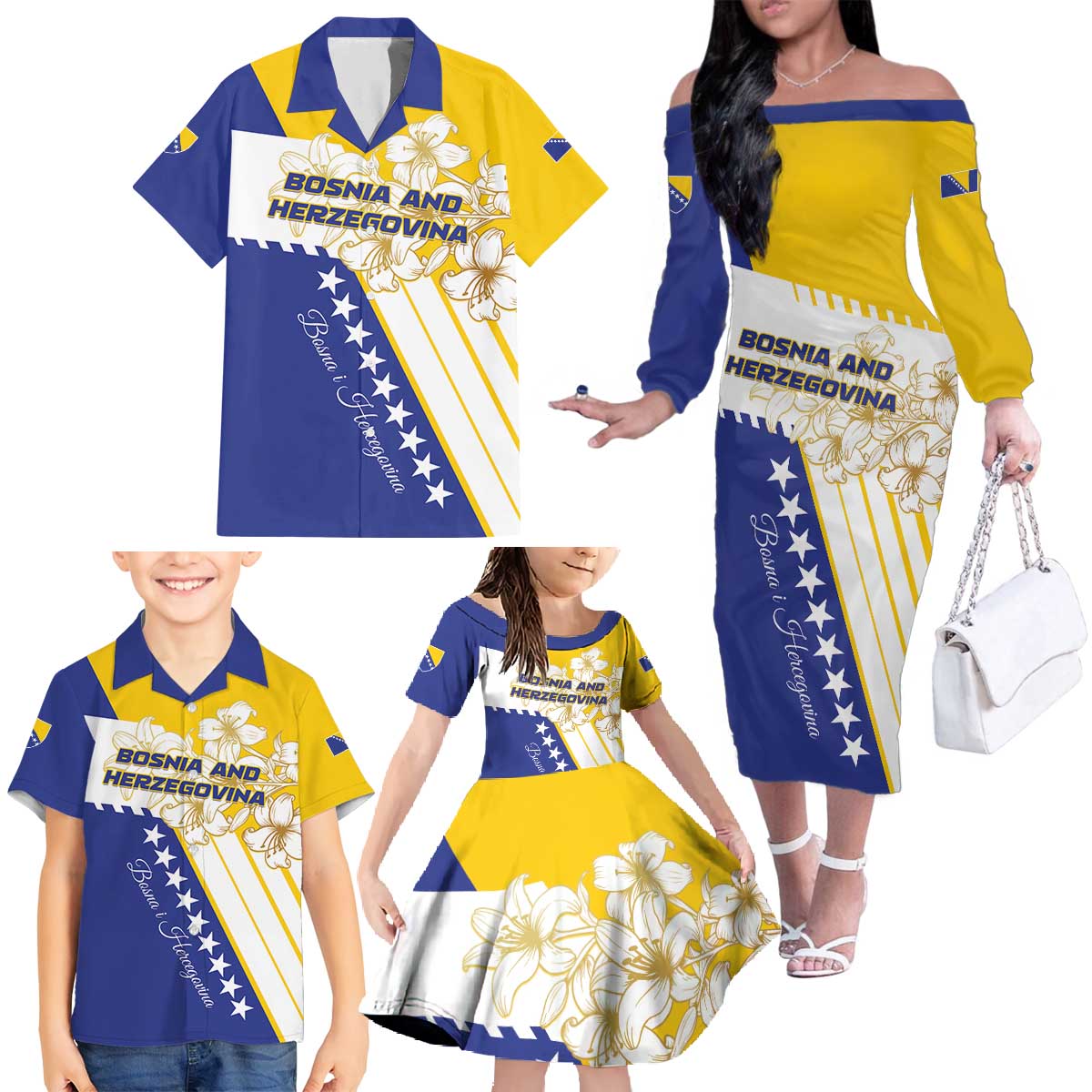 Personalized Bosnia and Herzegovina Family Matching Off The Shoulder Long Sleeve Dress and Hawaiian Shirt Stars With Golden Lily - Wonder Print Shop