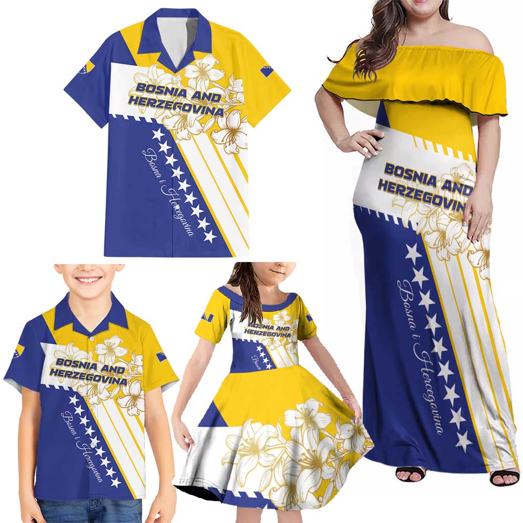 Personalized Bosnia and Herzegovina Family Matching Off Shoulder Maxi Dress and Hawaiian Shirt Stars With Golden Lily - Wonder Print Shop