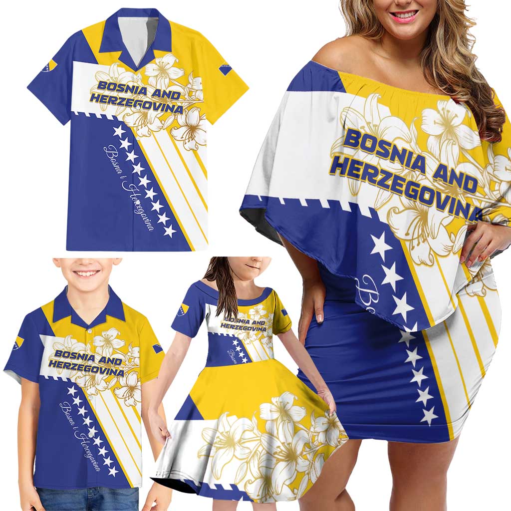 Personalized Bosnia and Herzegovina Family Matching Off Shoulder Short Dress and Hawaiian Shirt Stars With Golden Lily - Wonder Print Shop