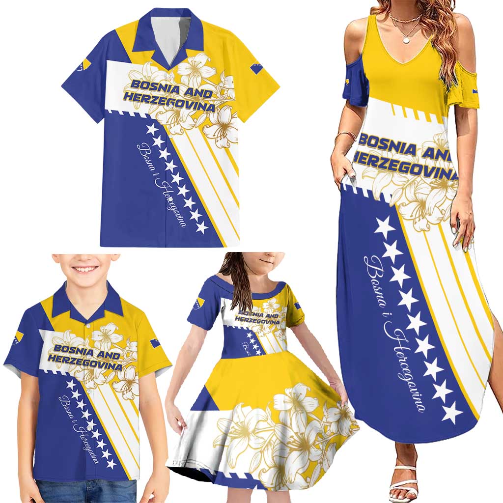 Personalized Bosnia and Herzegovina Family Matching Summer Maxi Dress and Hawaiian Shirt Stars With Golden Lily