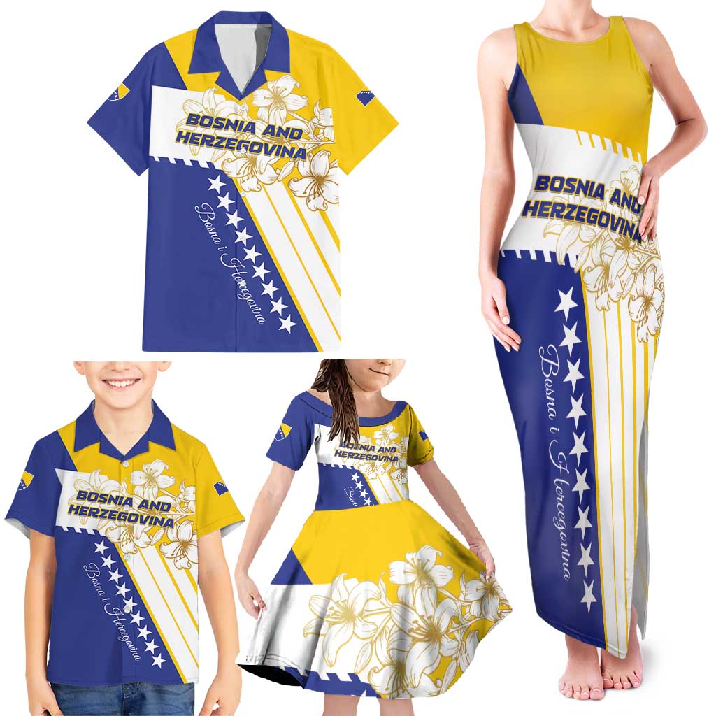 Personalized Bosnia and Herzegovina Family Matching Tank Maxi Dress and Hawaiian Shirt Stars With Golden Lily