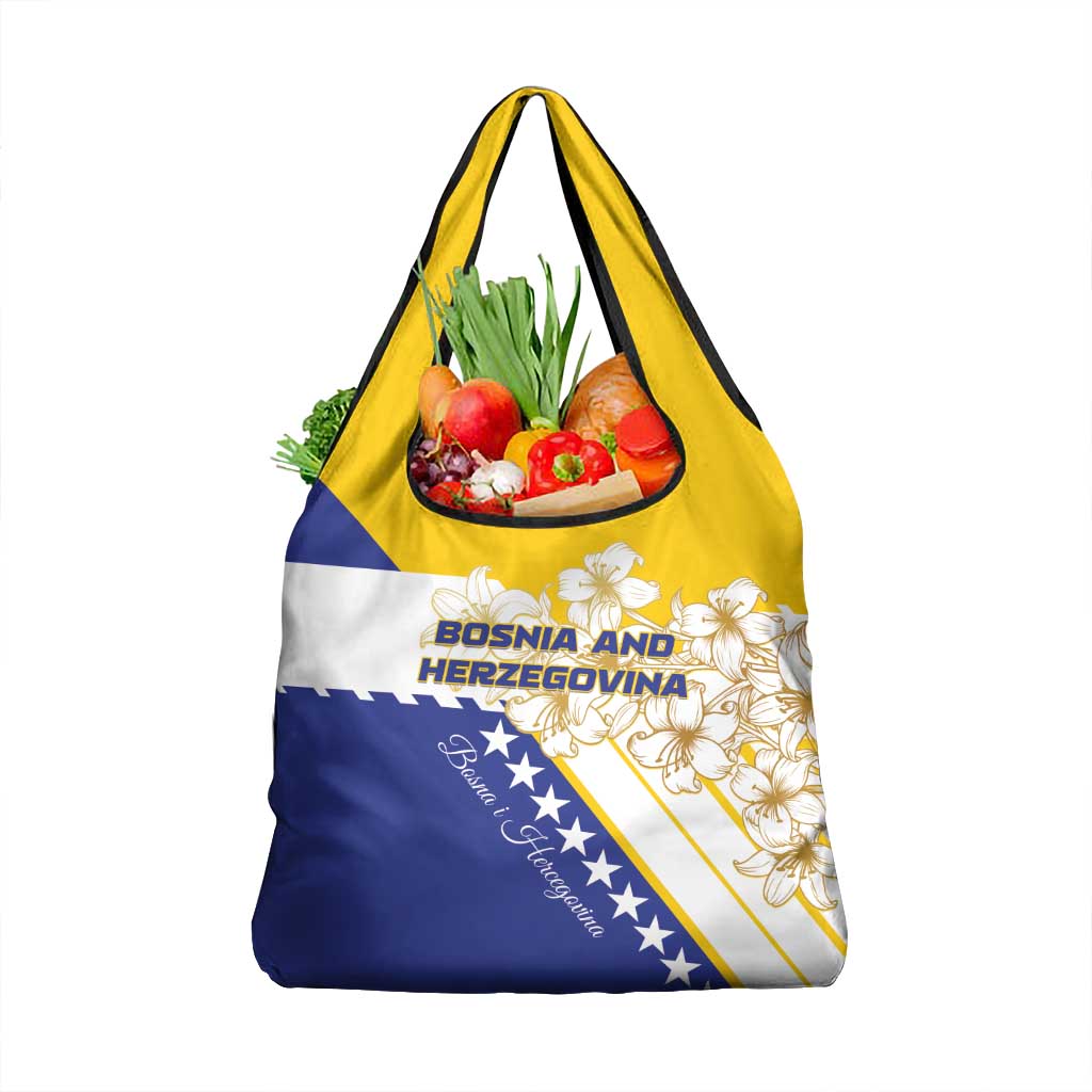 Yellow and blue grocery tote bag with Bosnia flag stars and golden lily print