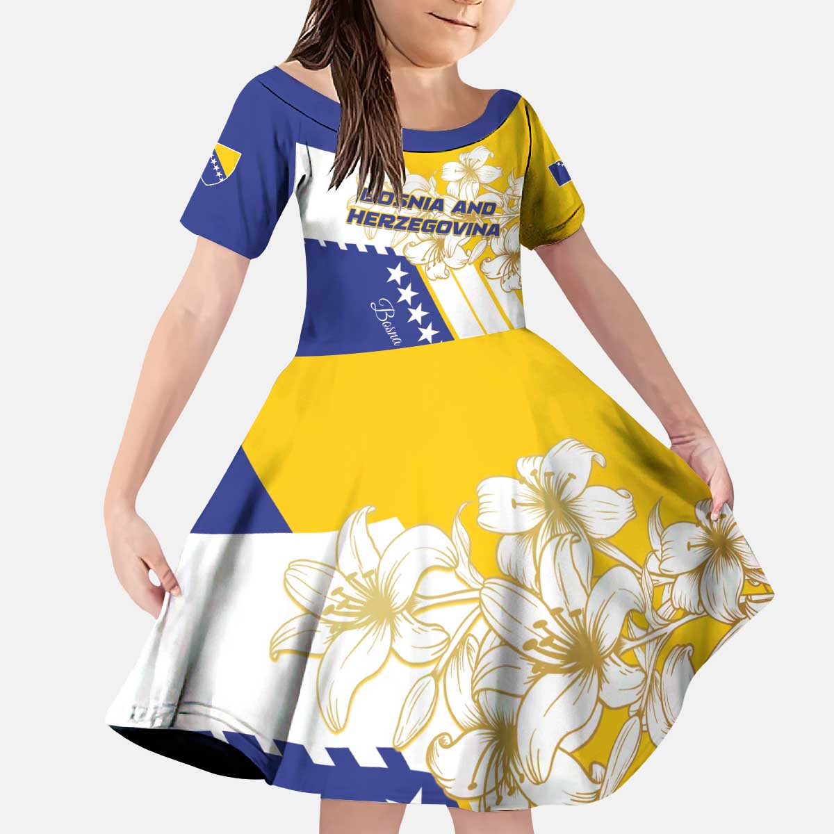 Personalized Bosnia and Herzegovina Kid Short Sleeve Dress Stars With Golden Lily - Wonder Print Shop