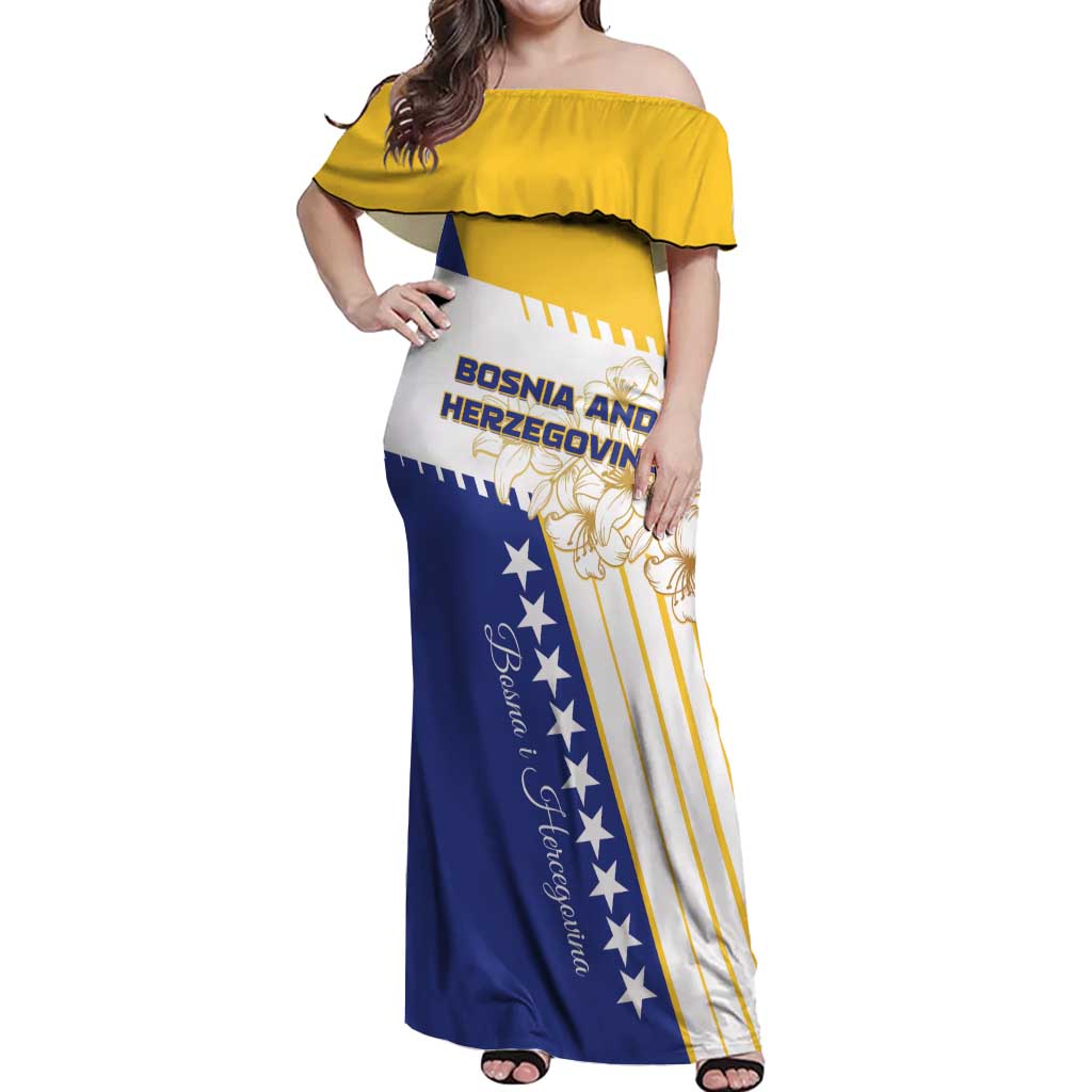 Personalized Bosnia and Herzegovina Off Shoulder Maxi Dress Stars With Golden Lily - Wonder Print Shop