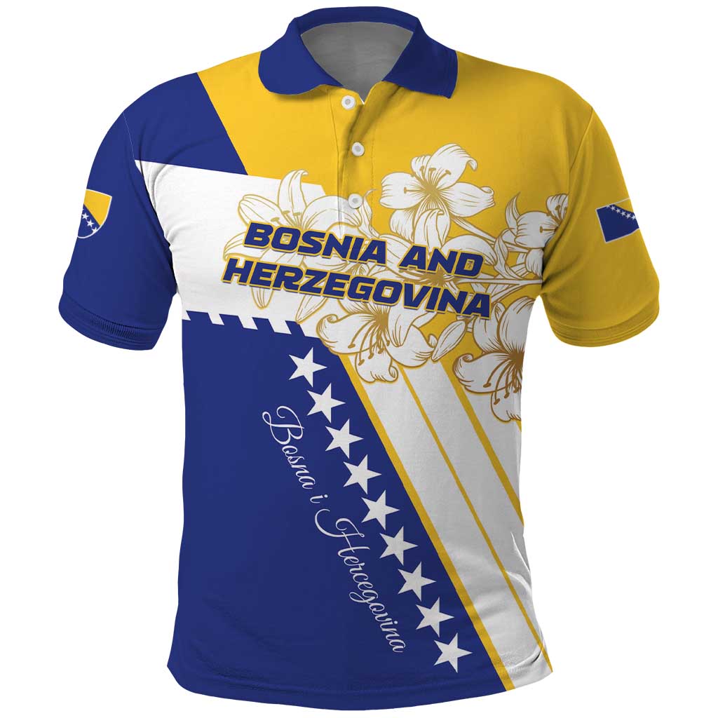 Yellow and navy polo shirt with stars and golden lily graphic, buttoned collar