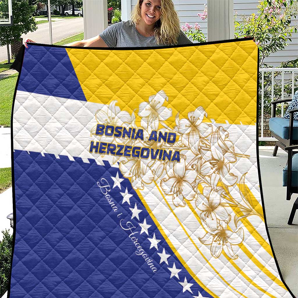 Bosnia and Herzegovina quilt with blue, yellow, white flag colors, stars, and golden lily print