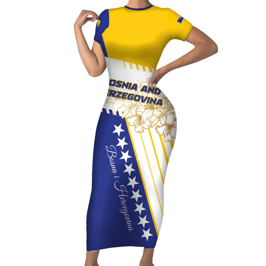 Personalized Bosnia and Herzegovina Short Sleeve Bodycon Dress Stars With Golden Lily - Wonder Print Shop