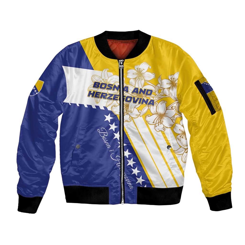 Personalized Bosnia and Herzegovina Sleeve Zip Bomber Jacket Stars With Golden Lily - Wonder Print Shop