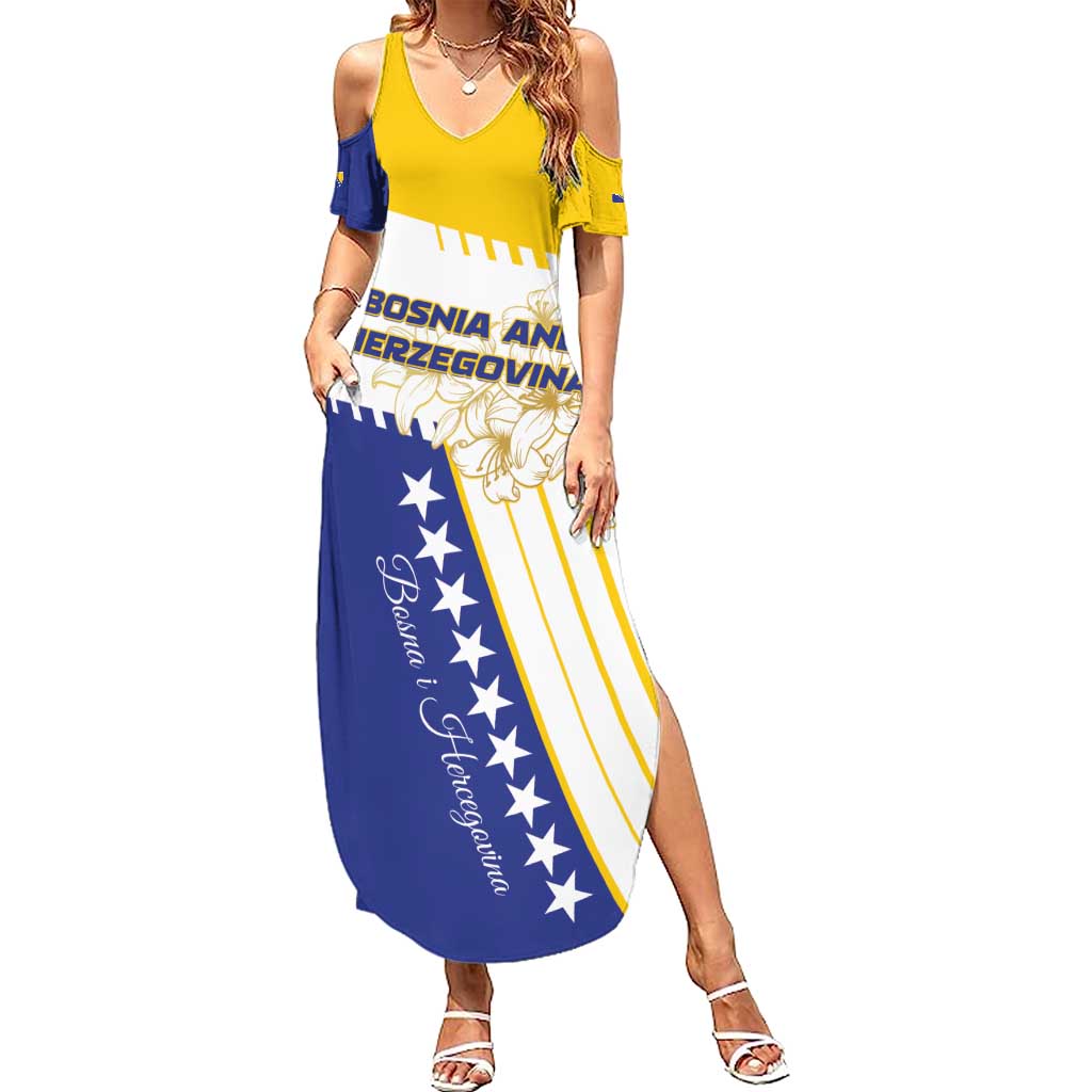 Personalized Bosnia and Herzegovina Summer Maxi Dress Stars With Golden Lily - Wonder Print Shop