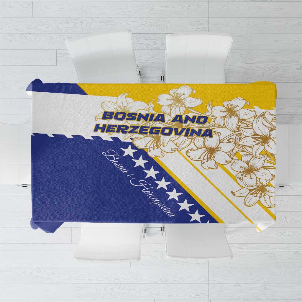 Yellow and navy Bosnia flag tablecloth with gold lily floral and stars design