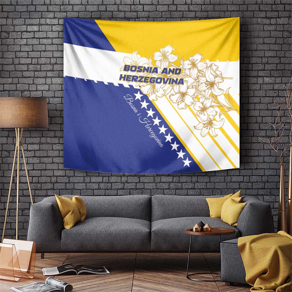Bosnia and Herzegovina flag tapestry: blue, yellow, white stars and golden lily