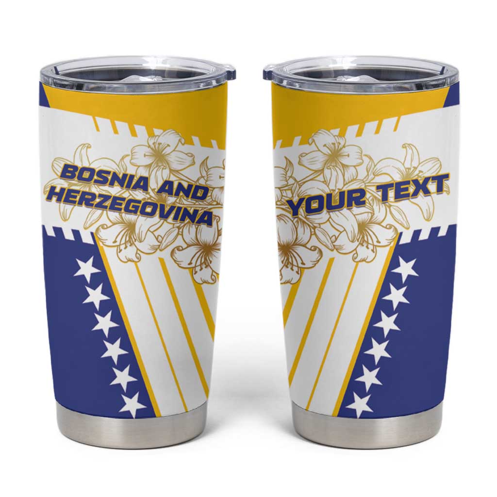 Personalized tumbler cups with yellow, blue, and white graphic and clear lids