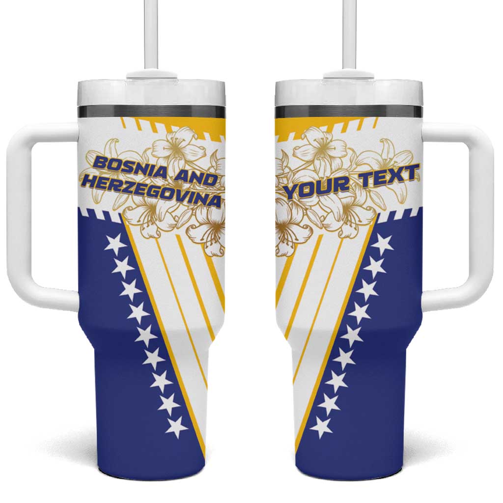Personalized Bosnia tumbler with handle, straw, gold lily and star flag design