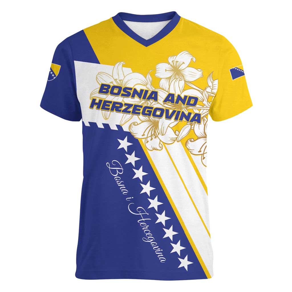 Personalized Bosnia and Herzegovina Women V-Neck T-Shirt Stars With Golden Lily - Wonder Print Shop