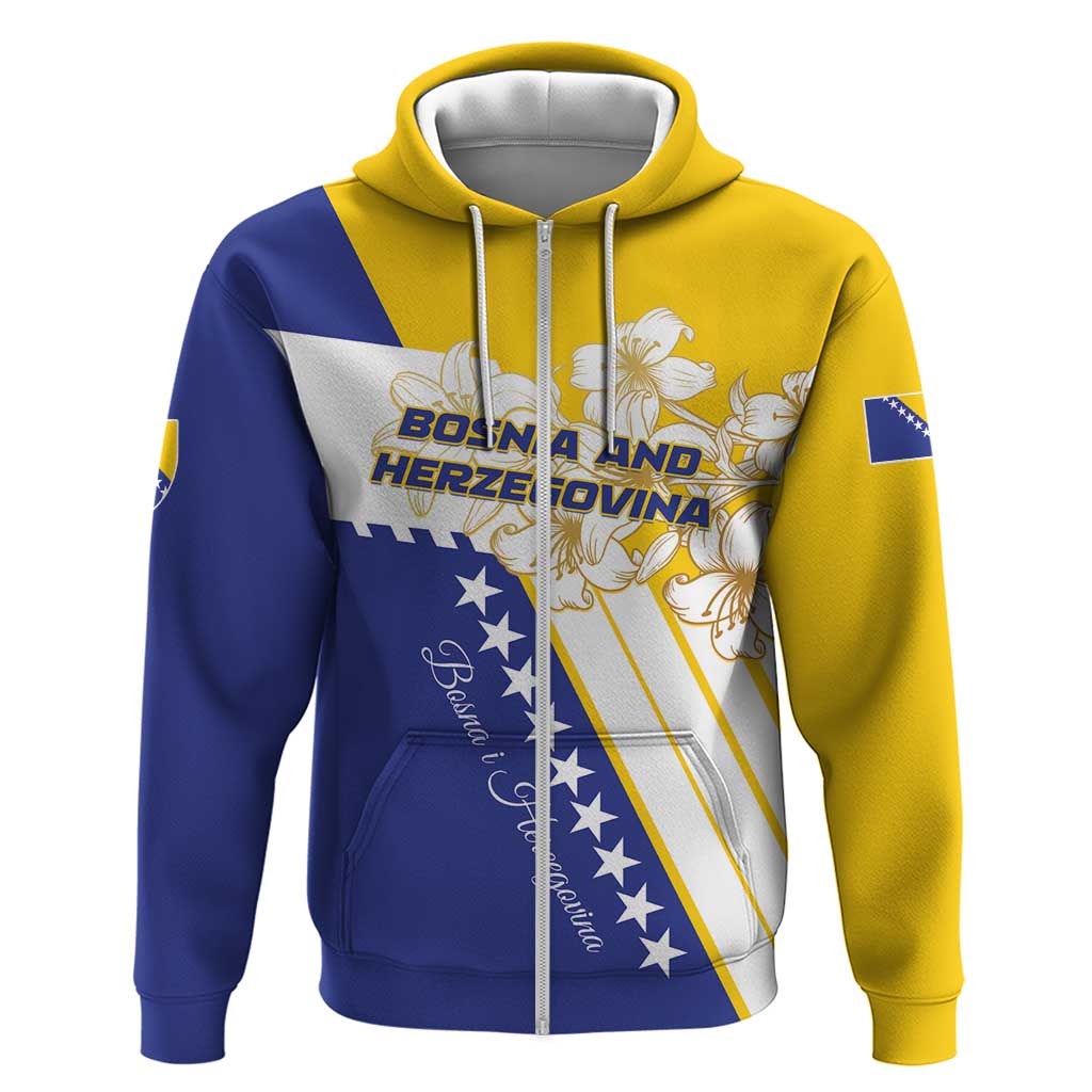 Bosnia and Herzegovina zip hoodie with yellow hood, blue sleeves, and floral crest graphic