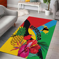 Colorful tropical area rug showing toucan and hibiscus flowers with BARBUDA lettering