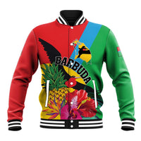 Colorful tropical baseball jacket, front graphic with birds and leaves, striped collar