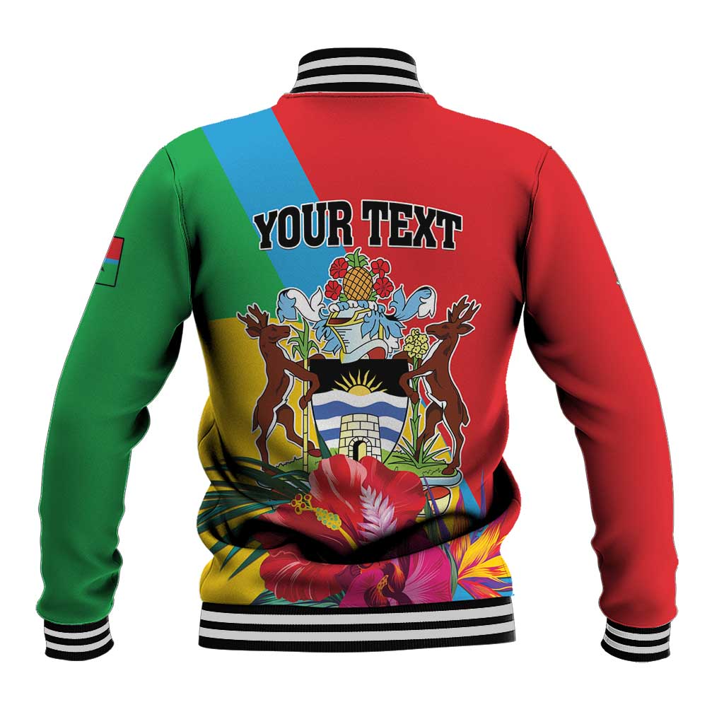 Colorful tropical baseball jacket, back custom text design, striped cuffs and hem band