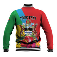 Colorful tropical baseball jacket, back custom text design, striped cuffs and hem band