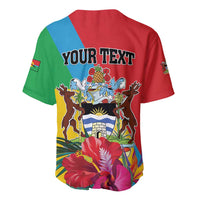 Barbuda baseball jersey, tropical crest and flowers, red/blue/green back, 'YOUR TEXT'