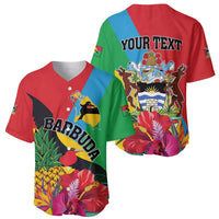 Barbuda baseball jersey, front 'BARBUDA' and back 'YOUR TEXT', red/blue/green tropical print