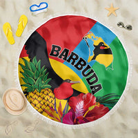 Round beach blanket with fringed edge, colorful tropical birds print and Barbuda lettering