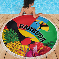 Round fringed beach blanket with colorful tropical birds, pineapple, and flower graphics