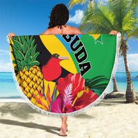 Round tropical beach blanket with fringed edge, birds, plants, and Barbuda lettering