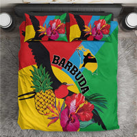 Colorful tropical bedding set with toucan, pineapple, hibiscus flowers, and bold BARBUDA text