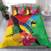 Tropical duvet bedding set with matching pillows featuring toucans, pineapple, and BARBUDA logo